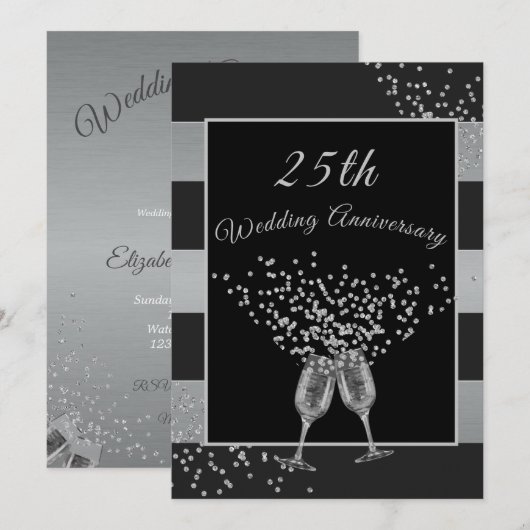 Invitation 25e Anniversaire de Mariage Noir Argent Élégant Ch (Devant / Derrière)