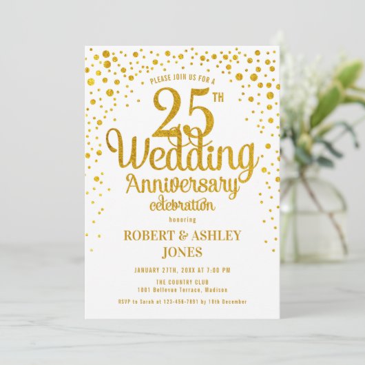 Invitation 25e anniversaire de mariage - Or et Blanc (Debout devant)