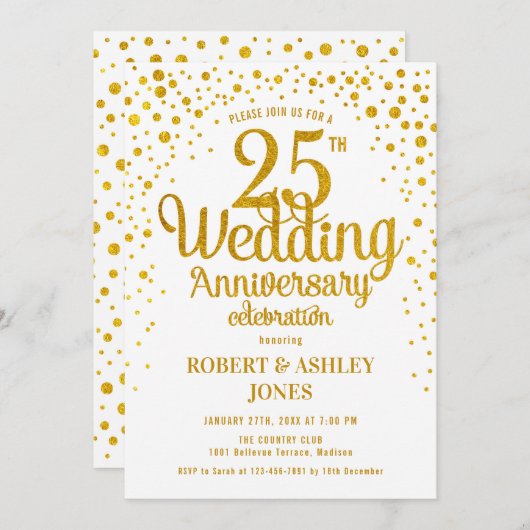 Invitation 25e anniversaire de mariage - Or et Blanc (Devant / Derrière)
