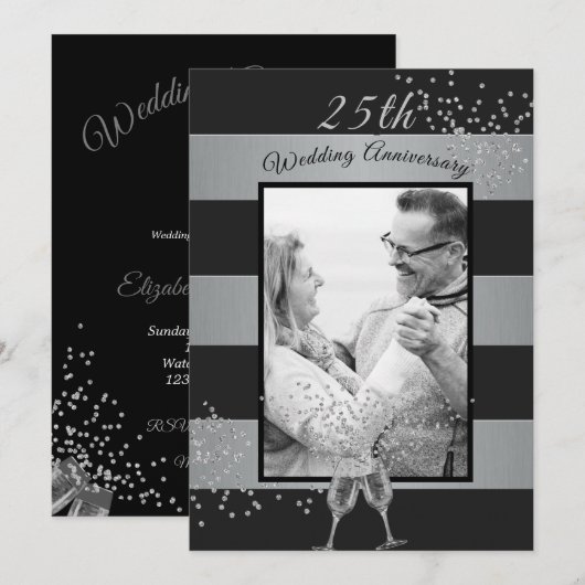 Invitation 25e Anniversaire de Mariage Photo Noir Argent (Devant / Derrière)