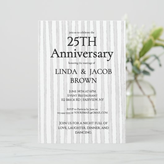 Invitation 25e Anniversaire de Mariage Rayures Gris Clair Arg (Debout devant)