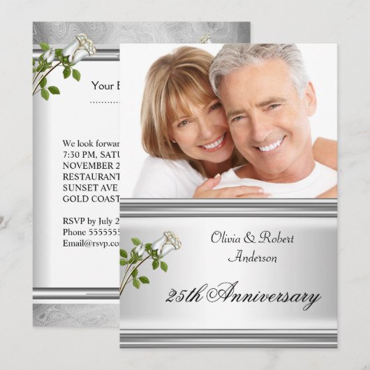 Invitation 25e Anniversaire de Mariage Rose Blanche Argentée (Devant / Derrière)
