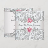 Invitation 25e anniversaire de mariage Rose damask argenté (Devant / Derrière)