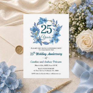 Invitation 25e anniversaire de mariage surprise fleurs bleues