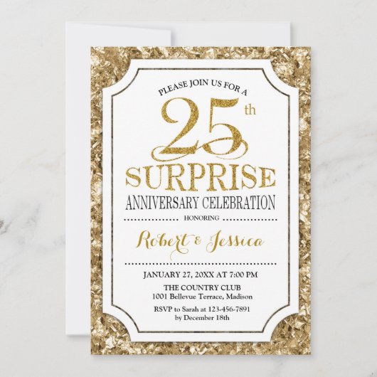 Invitation 25e anniversaire de mariage surprise - Or blanc (Devant)