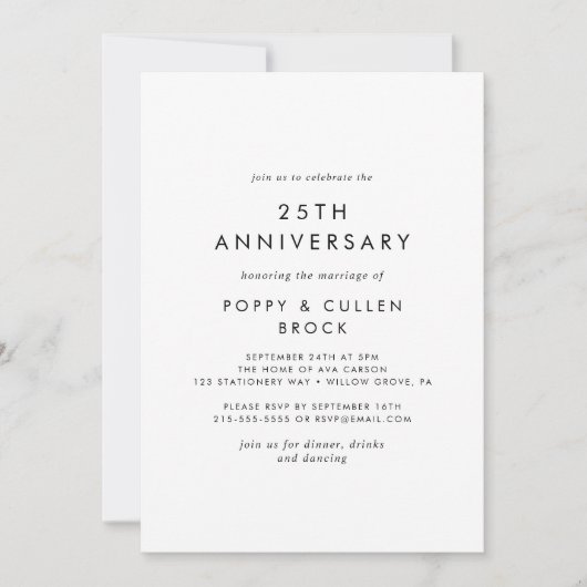 Invitation 25e anniversaire de mariage typographie chic (Devant)