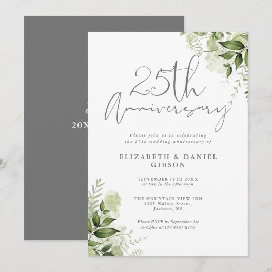 Invitation 25e Anniversaire de Mariage Verdure Écriture Argen (Devant / Derrière)