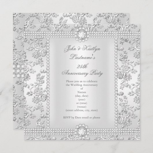 Invitation 25e anniversaire Diamond Rose Damask Argent Blanc (Devant / Derrière)