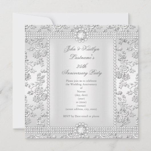 Invitation 25e anniversaire Diamond Rose Damask Argent Blanc (Devant)