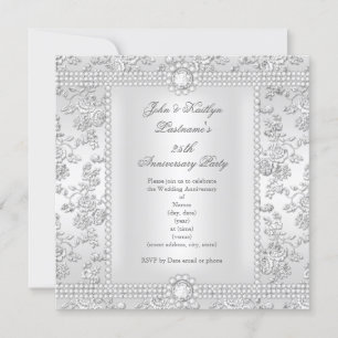 Invitation 25e anniversaire Diamond Rose Damask Argent Blanc