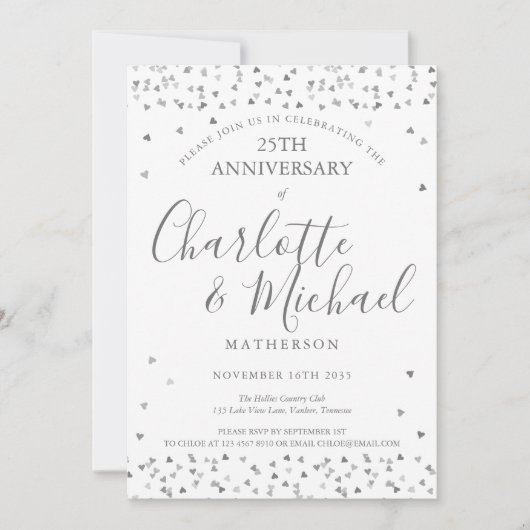 Invitation 25e anniversaire du Mariage Argent Coeurs d'amour (Devant)