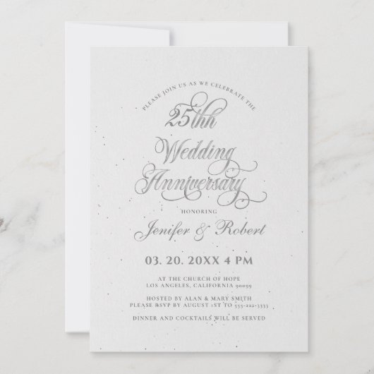 Invitation 25e anniversaire du Mariage argent et gris (Devant)