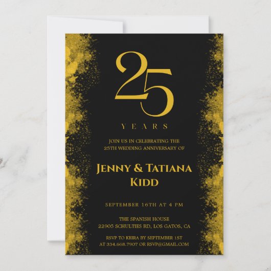 Invitation 25e anniversaire du Mariage Black & Gold (Devant)