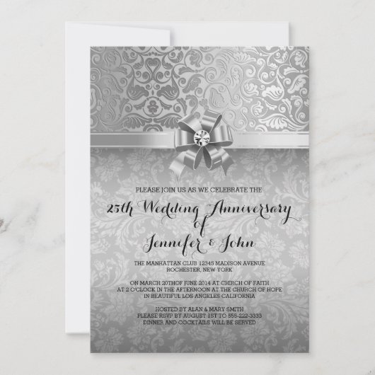 Invitation 25e anniversaire du Mariage Damas noir et argent (Devant)