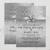 Invitation 25e anniversaire du Mariage Damas noir et argent (Devant / Derrière)