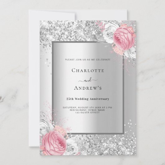 Invitation 25e anniversaire du mariage de la floraison rose a (Devant)
