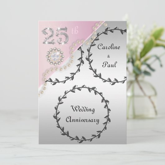 Invitation 25e anniversaire du Mariage Embossed Silver Rose G (Debout devant)