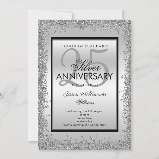 Invitation 25e anniversaire du Mariage Glitzy Silver & Black (Devant)
