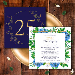 Invitation 25e anniversaire du Mariage Gold et Blue Hydrangea