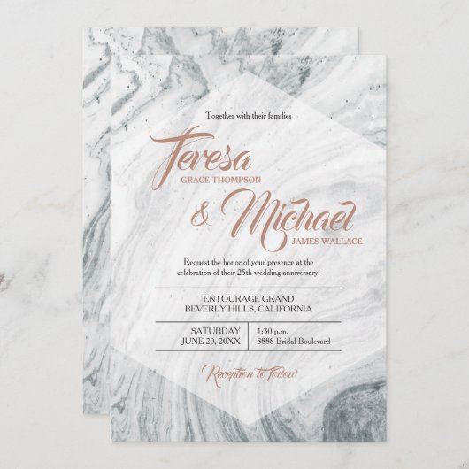 Invitation 25e anniversaire du Mariage Marble Grey (Devant / Derrière)