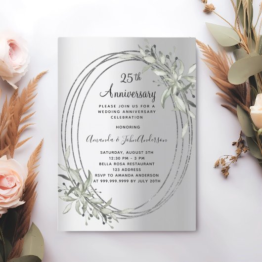 Invitation 25e anniversaire du mariage verdure argent