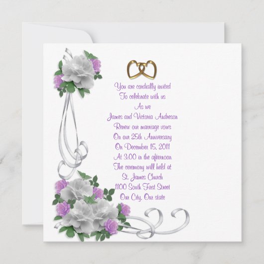 Invitation 25e anniversaire du Mariage vow renouveau Roses bl (Devant)