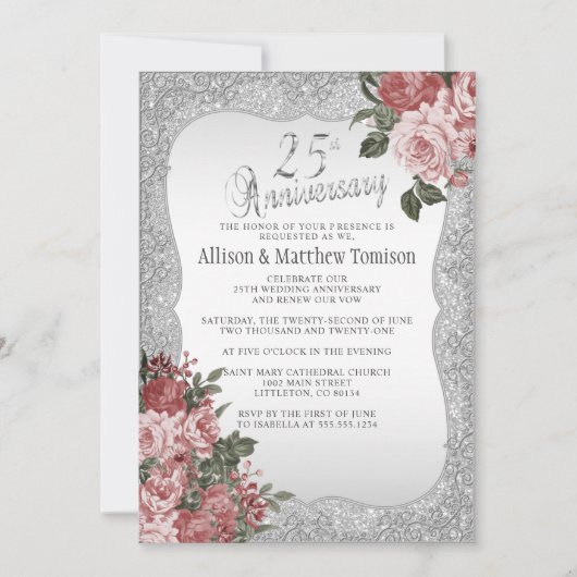 Invitation 25e anniversaire du Silver Glitter | Floral blush (Devant)