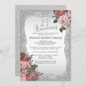 Invitation 25e anniversaire du Silver Glitter | Floral blush (Devant / Derrière)