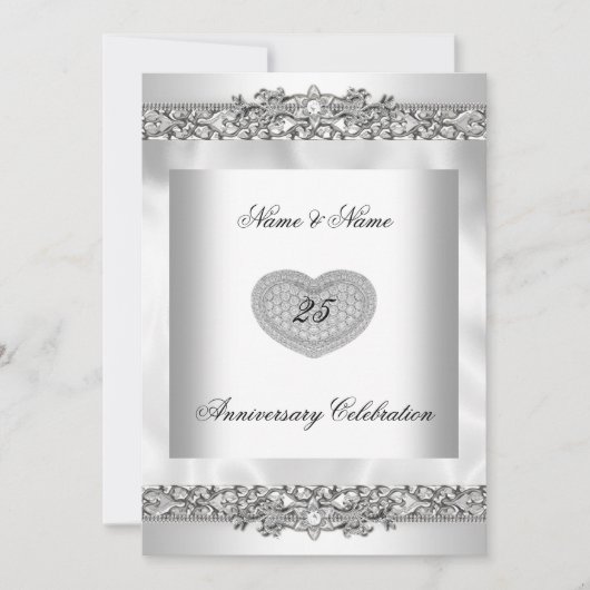 Invitation 25e Anniversaire Élégant Blanc Argent Cœur Dentell (Devant)