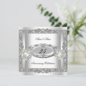 Invitation 25e Anniversaire Elégant Blanc Argent Perle Dentel (Debout devant)