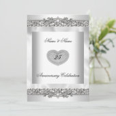 Invitation 25e Anniversaire Elégant Blanc Cœur Dentelle Argen (Debout devant)