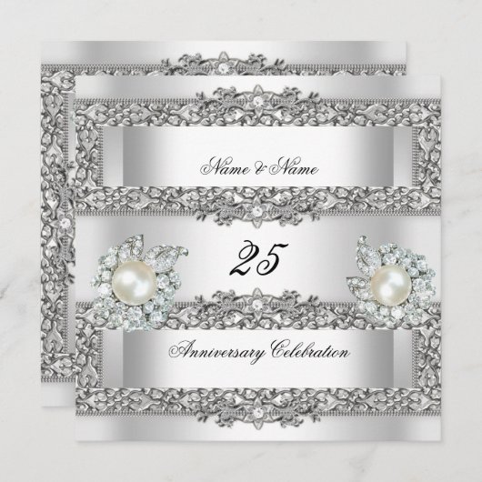 Invitation 25e Anniversaire Elégant Blanc Perle Dentelle (Devant / Derrière)