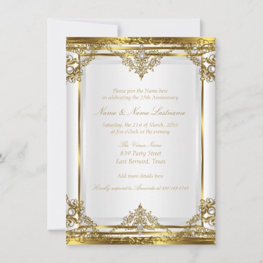 Invitation 25e Anniversaire Élégant Or Blanc Perle 2 (Dos)