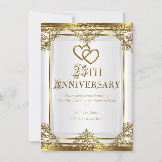 Invitation 25e Anniversaire Élégant Or Blanc Perle 2 (Devant)