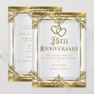 Invitation 25e Anniversaire Élégant Or Perle Blanche 2