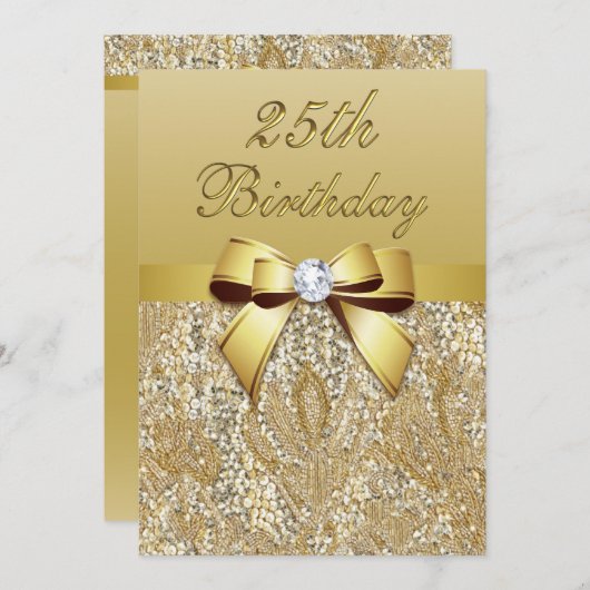 Invitation 25e anniversaire Gold Faux Sequins et Bow (Devant / Derrière)