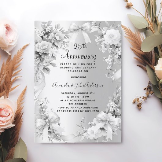 Invitation 25e anniversaire mariage arcs floraux d'argent