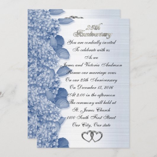 Invitation 25e anniversaire Mariage bleu Hydrangea (Devant / Derrière)