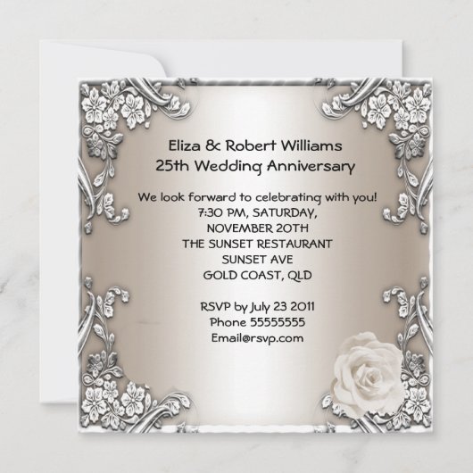 Invitation 25e anniversaire Mariage Cream Rose Silver Party (Dos)