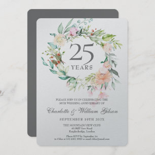 Invitation 25e anniversaire Mariage d'argent Floral Metallic