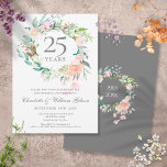 Invitation 25e anniversaire Mariage d'argent Roses Garland<br><div class="desc">Doté d'une délicate guirlande de verdure fleurie d'aquarelle,  cette invitation à l'anniversaire du 25e mariage botanique chic peut être personnalisée avec vos informations spéciales d'anniversaire d'argent. Au verso,  une guirlande fleurie assortie encadre vos dates d'anniversaire dans un élégant texte blanc sur un arrière - plan argenté. Conçu par Thisisnotme©</div>