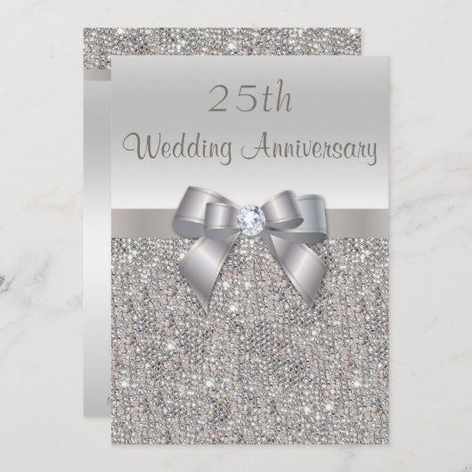Invitation 25e anniversaire Mariage d'argent Sequins et Bow (Devant / Derrière)