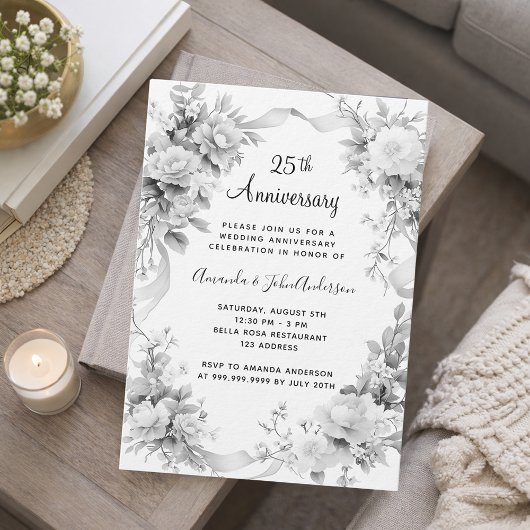 Invitation 25e anniversaire mariage florale argent luxe