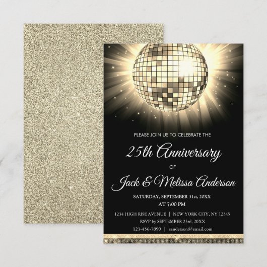 Invitation 25e anniversaire Mariage Gold Disco Ball (Devant / Derrière)