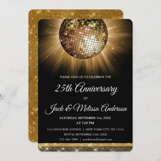 Invitation 25e anniversaire Mariage Gold Disco Ball (Devant / Derrière)