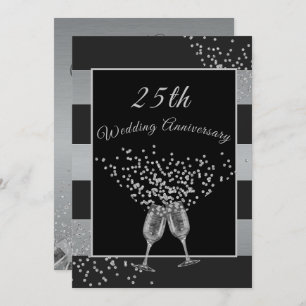 Invitation 25e anniversaire Mariage noir argent chic élégant