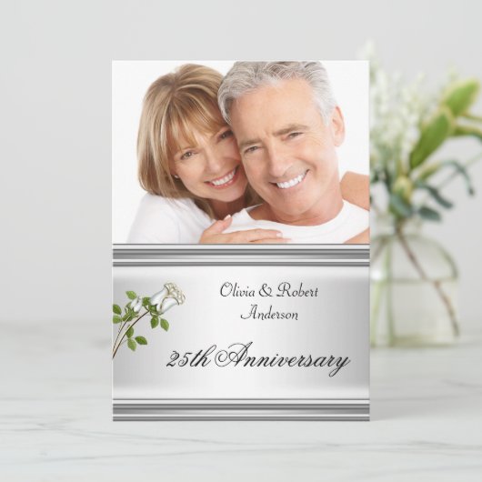 Invitation 25e Anniversaire Mariage Rose Blanche Argentée (Debout devant)