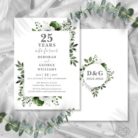 Invitation 25e anniversaire Mariage Verdure Floral Monogramme