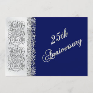 Invitation 25e anniversaire Ornate Silver Scrolls avec Marine