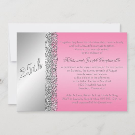 Invitation 25e anniversaire Ornate Silver Scrolls avec rose (Dos)